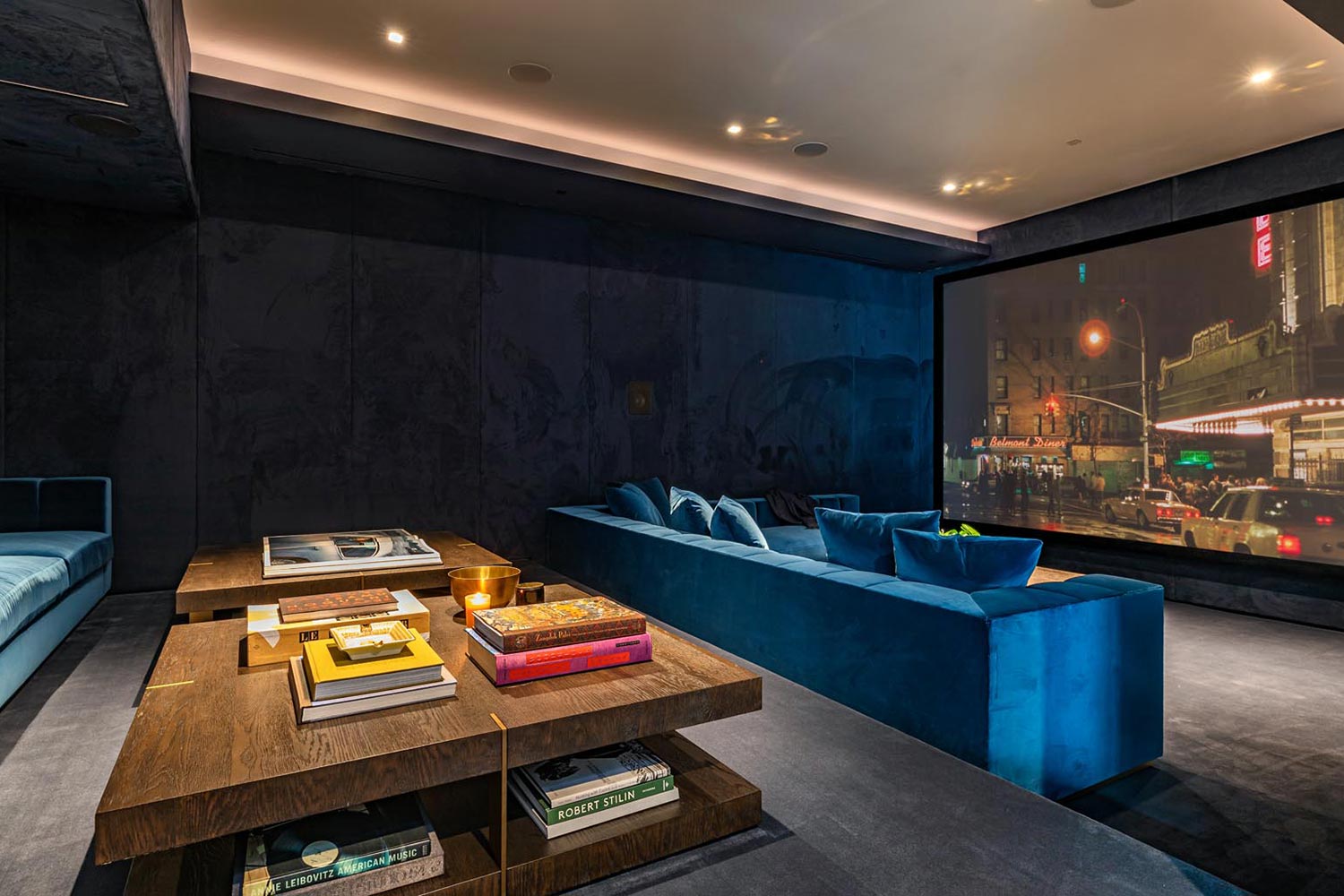 Side view of blue seating home theater